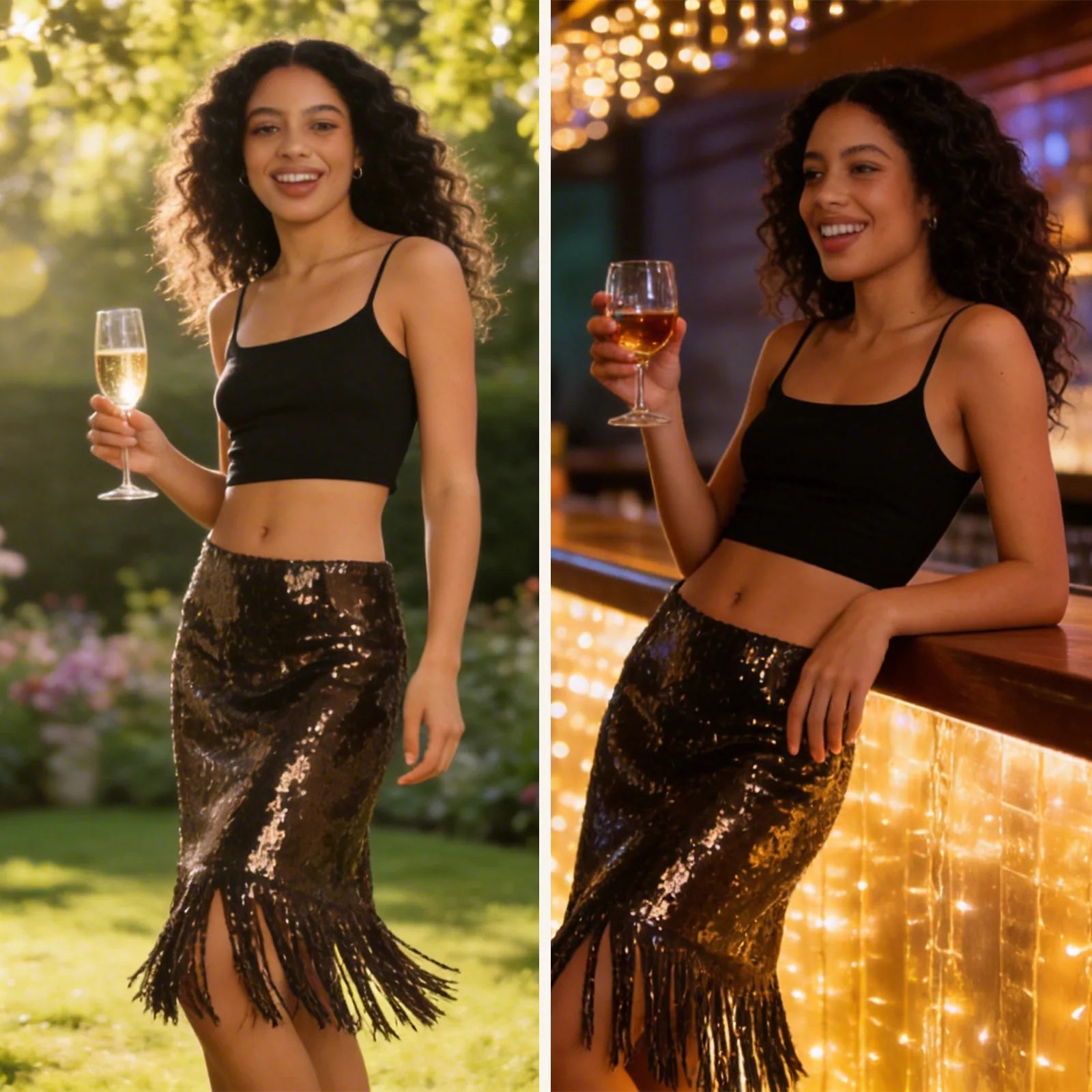 A woman wears the black sequin fringe midi skirt in festive party settings, showing how the sequins catch the event lighting.