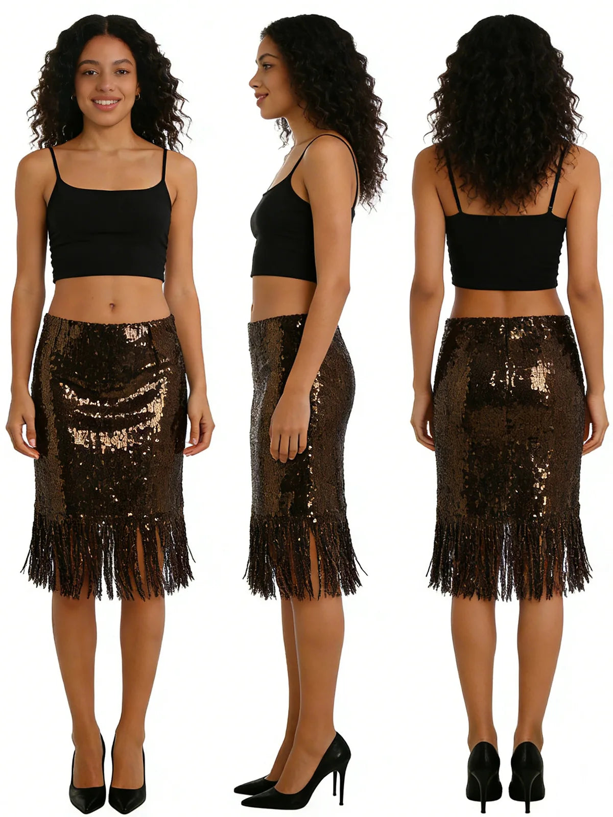 A model shows the back of the black sequin fringe midi skirt against a white background, highlighting its rear silhouette.
