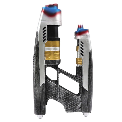 Black silver and gold dual-barrel sci-fi costume prop is shown from the front, with the twin barrels, black grip and silver and gold painted details clearly visible.