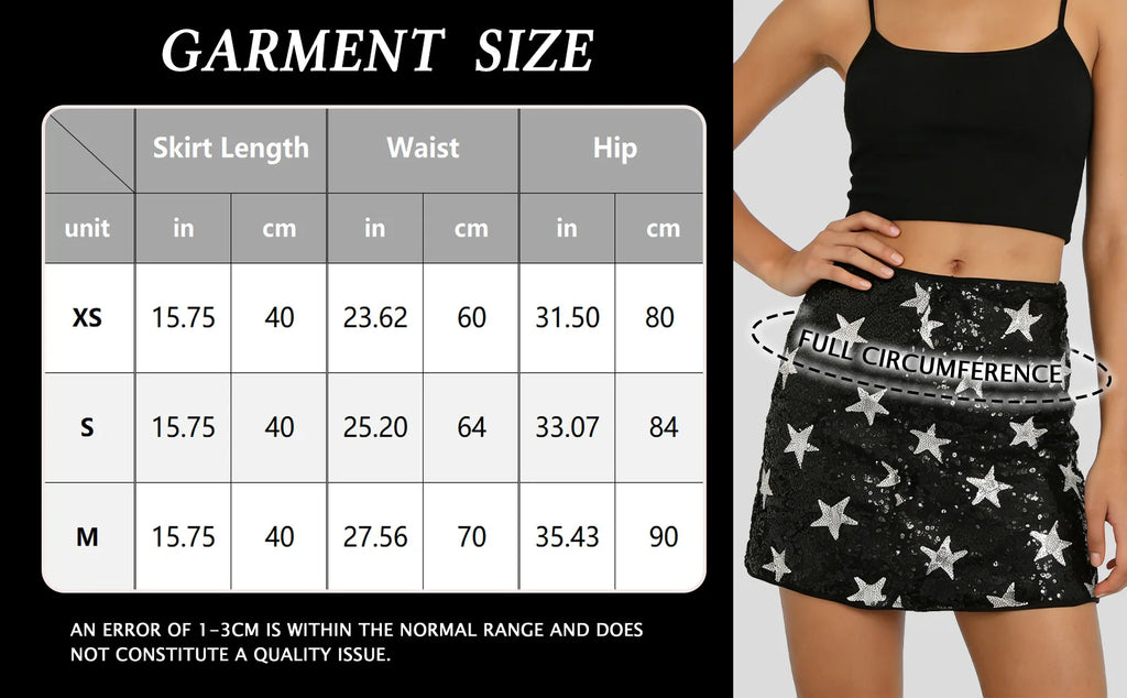 Garment size chart showing the available measurements for the black mini skirt with silver star sequins.