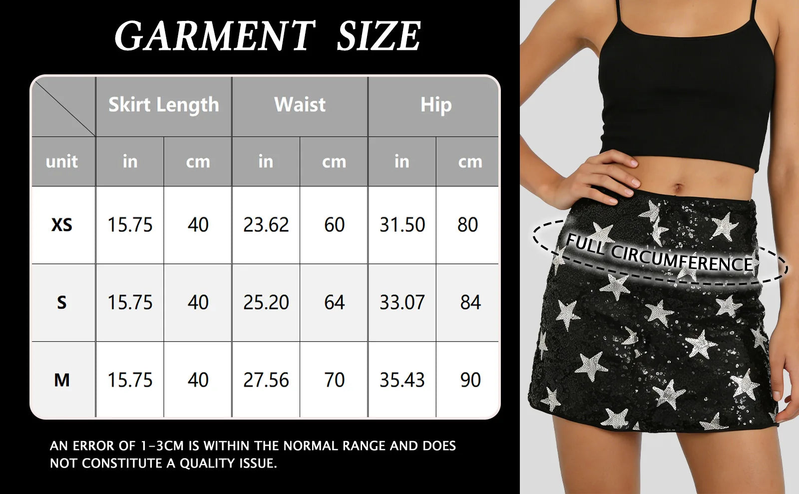 Garment size chart showing the available measurements for the black mini skirt with silver star sequins.