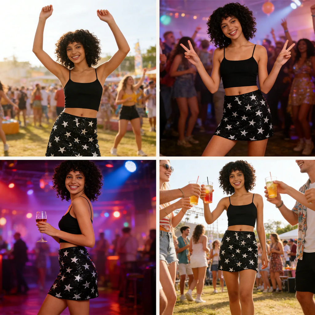 Indoor and outdoor celebration scenes show a woman styling the black mini skirt with silver star sequins with a black cami top.
