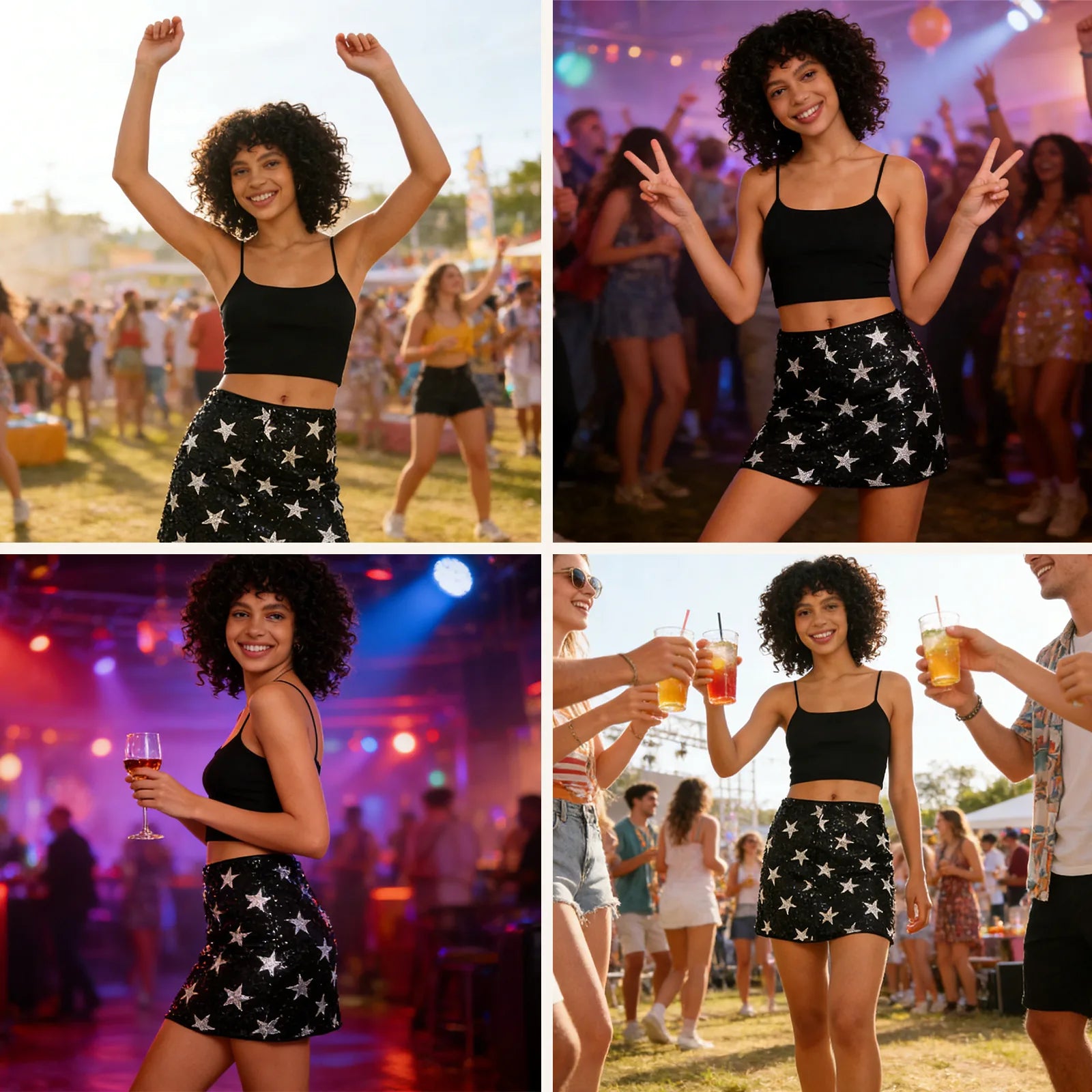 Indoor and outdoor celebration scenes show a woman styling the black mini skirt with silver star sequins with a black cami top.