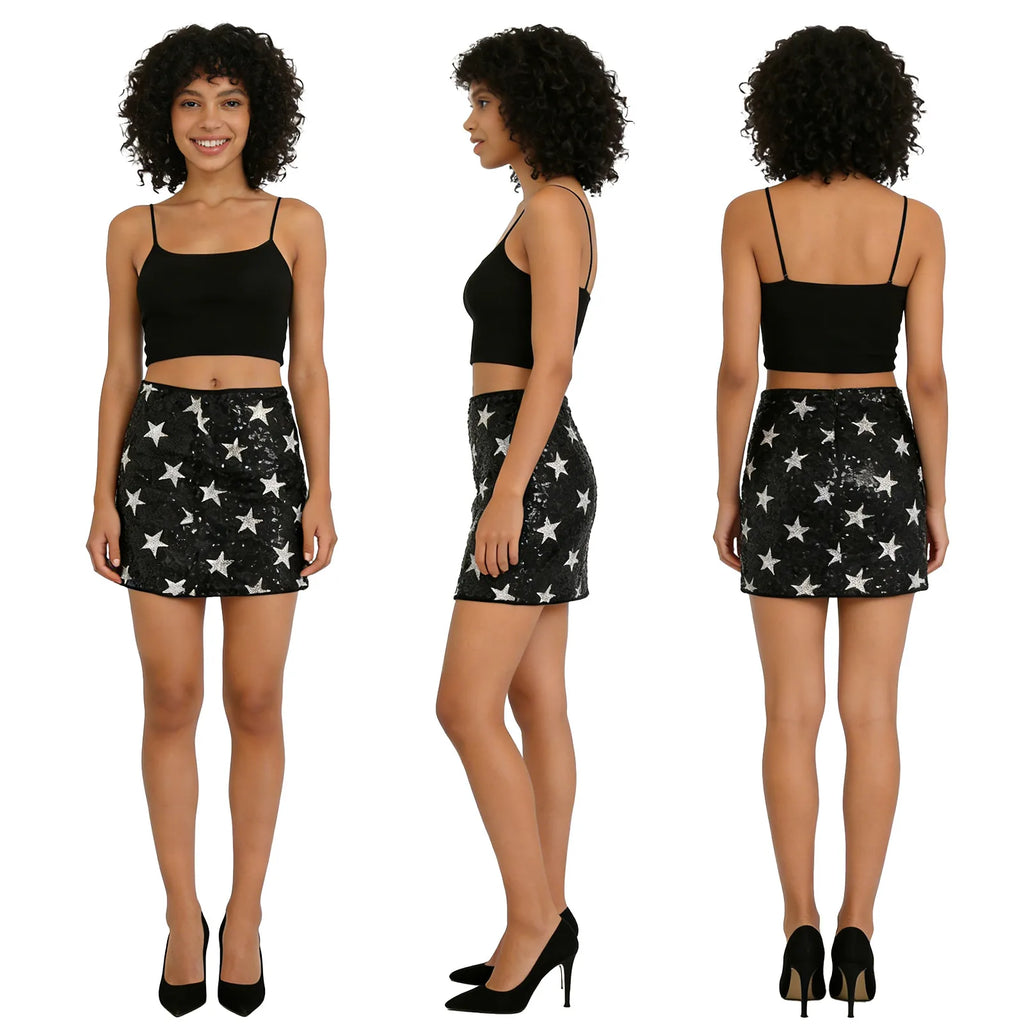 Black silver star sequin mini skirt shown in a closer angled front view.