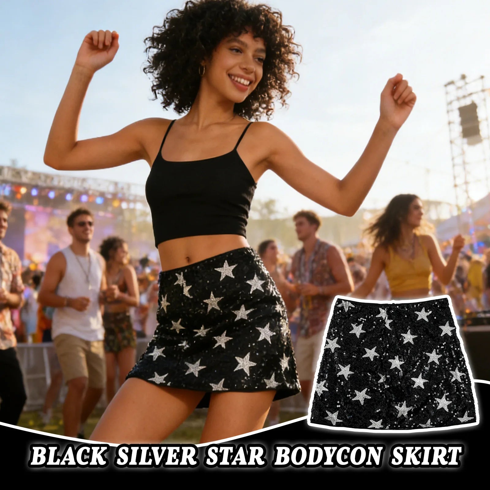 A product detail panel highlights the fabric texture and construction details of the black mini skirt with silver star sequins.