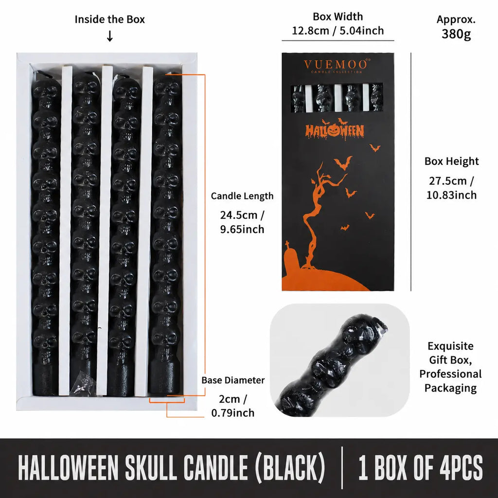 Black Halloween skull candle set showing 4 pieces, candle length 9.65 inch, box height 10.83 inch, and box width 5.04 inch