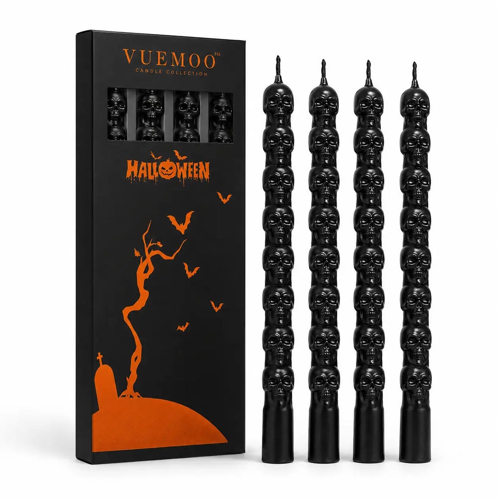 Black skull-shaped Halloween candles with matching gift box, set of 4 for gothic party or haunted house decor