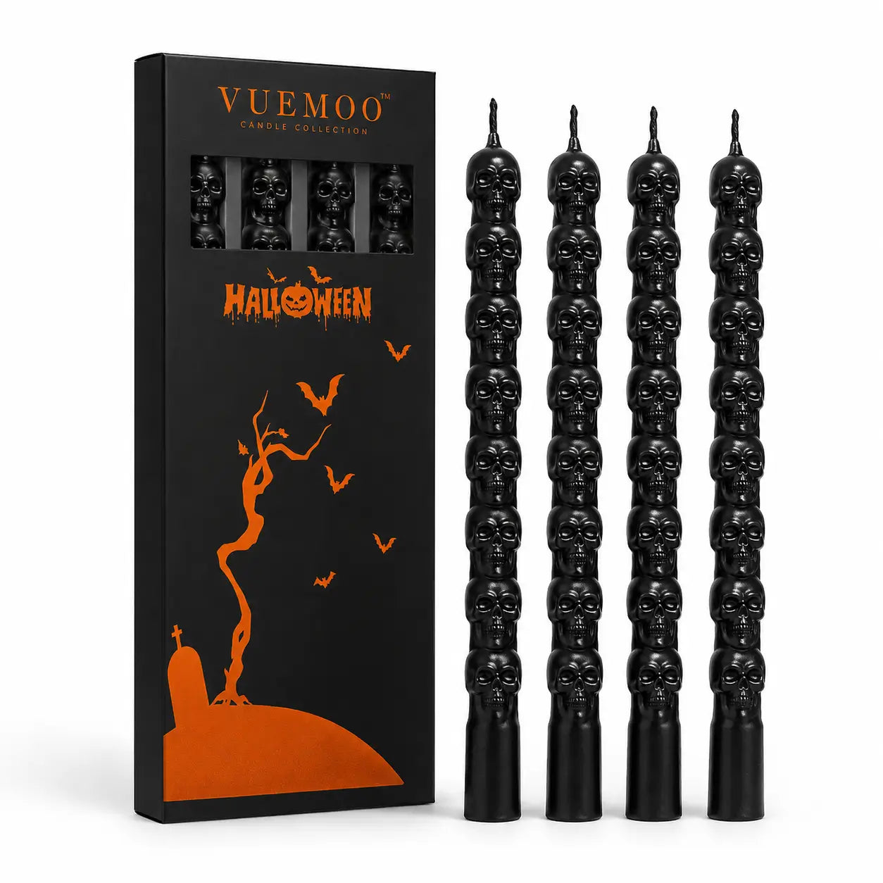 Black skull-shaped Halloween candles with matching gift box, set of 4 for gothic party or haunted house decor