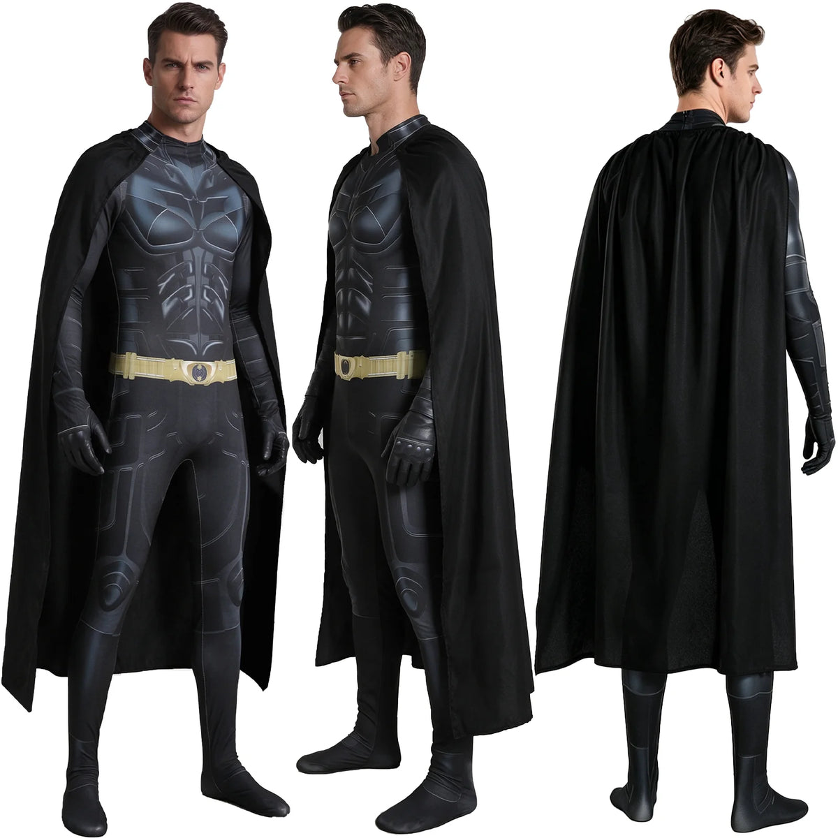 Front, side and back views show the printed superhero jumpsuit and the drape of its black cape.