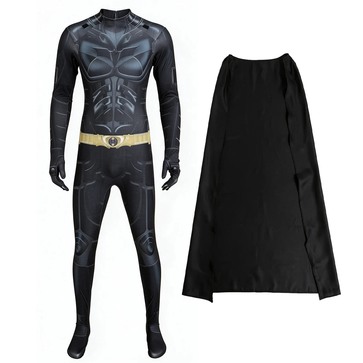 The black superhero costume pairs an armor-print jumpsuit with a separate plain black cape.