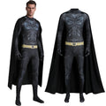 Batman-inspired black superhero costume with gray armor print, gold waist design and black cape, shown on a man and mannequin.