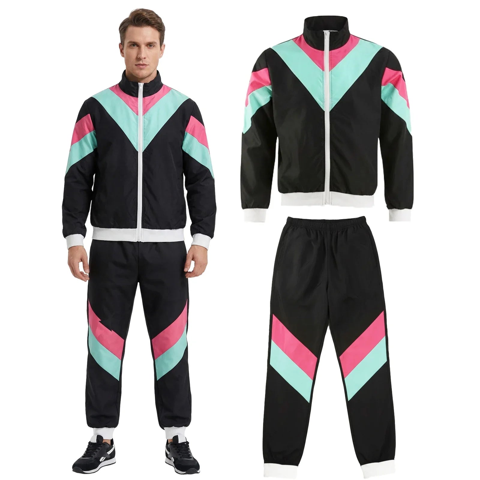 Adult wearing the Black Tracksuit Only 80s retro tracksuit costume in a full-length front view.