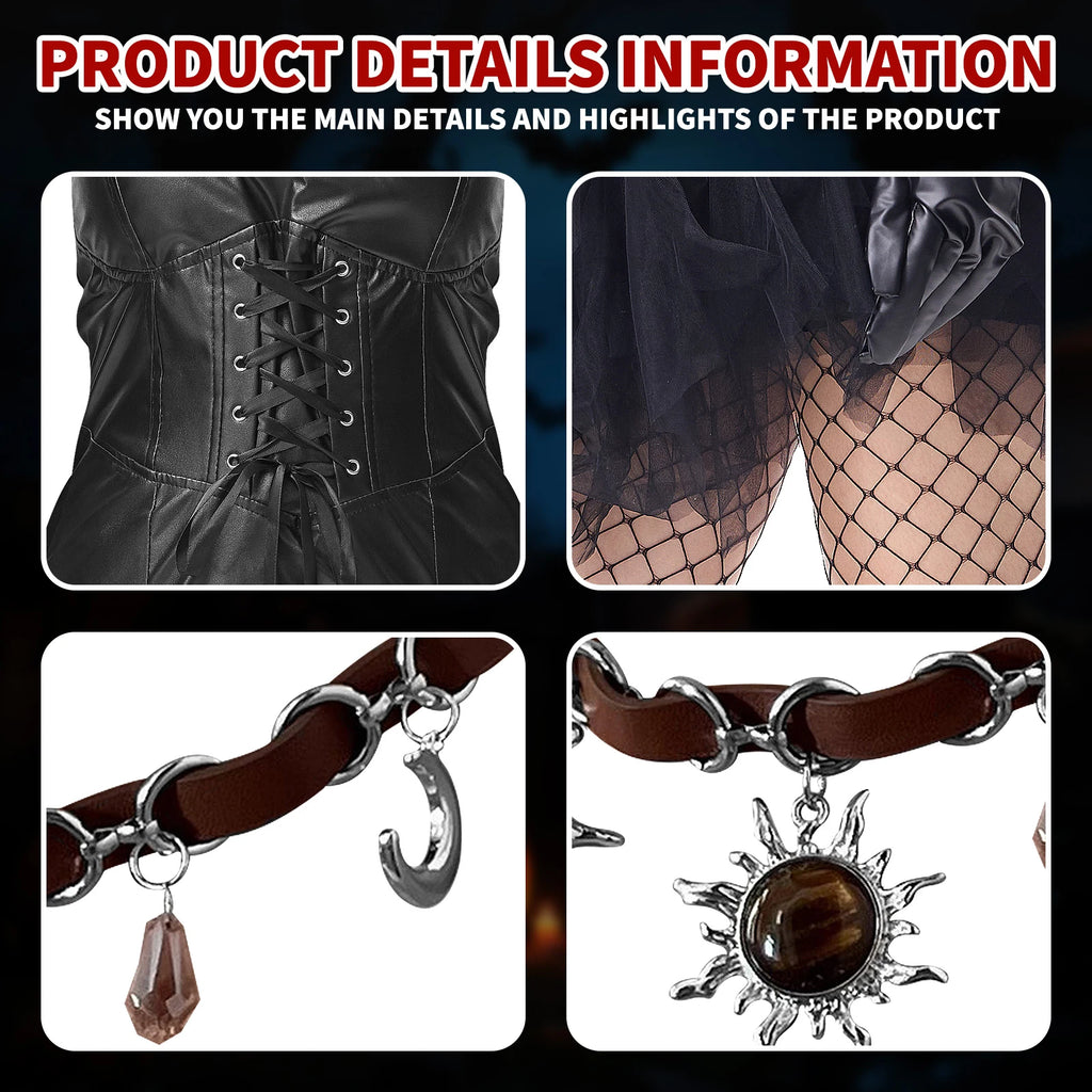 Black tulle costume dress details showing layered skirt, ribbon lacing and pointed neckline