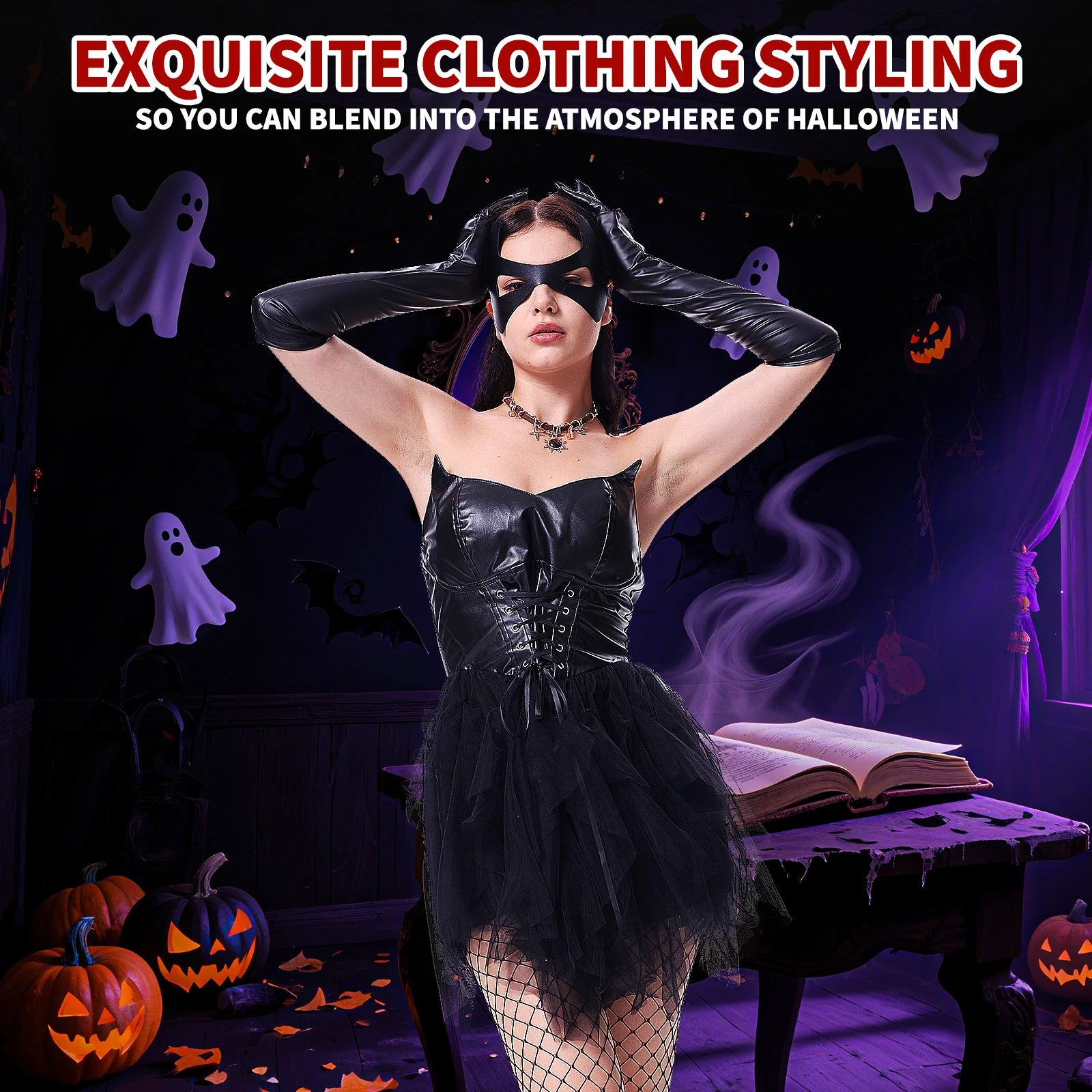 Women's black tulle dress costume with pointed mask, gloves and fishnet tights