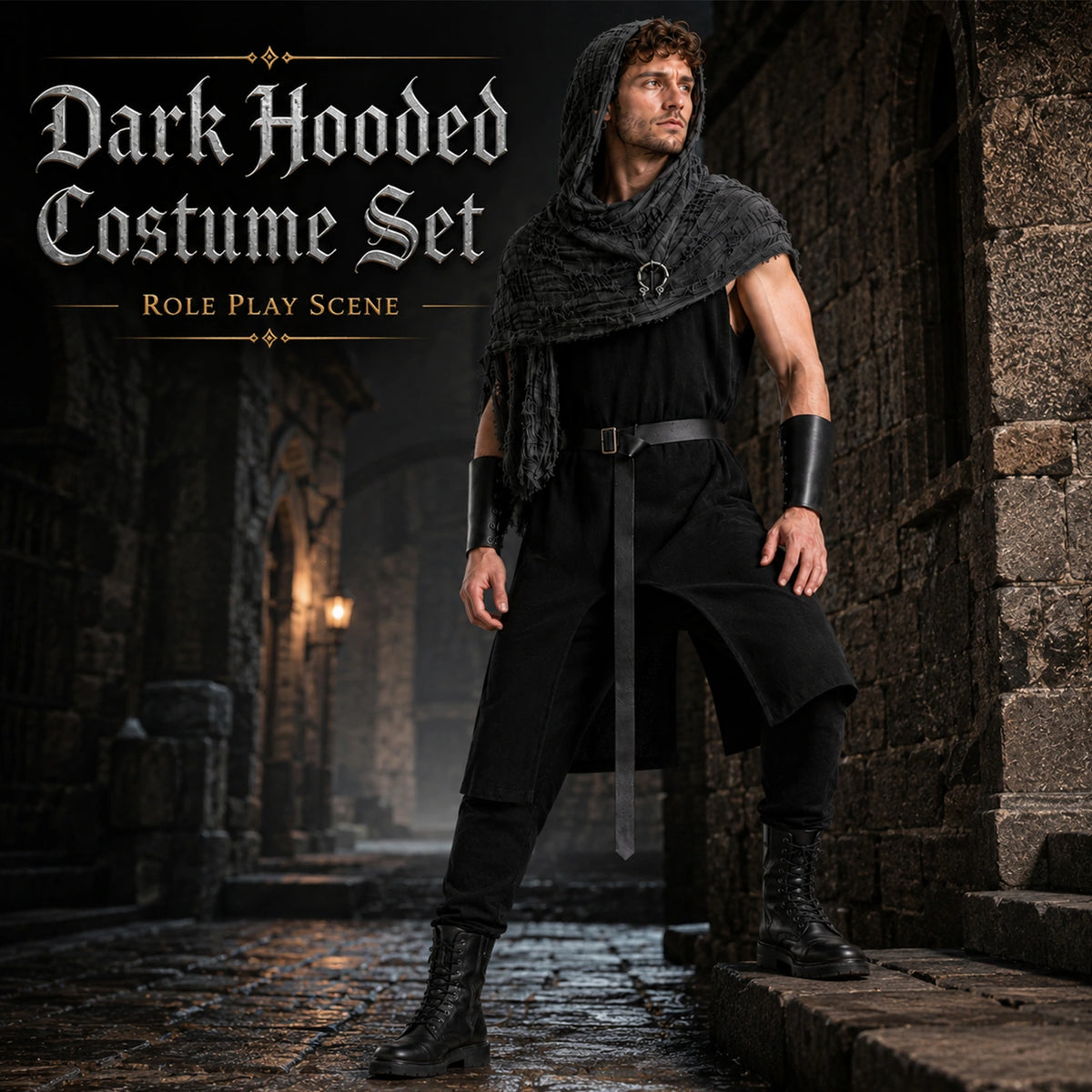Man wearing the black Viking tunic, gray hooded shawl, belt and lace-up wrist bracers in a castle setting, styled with pants and boots.