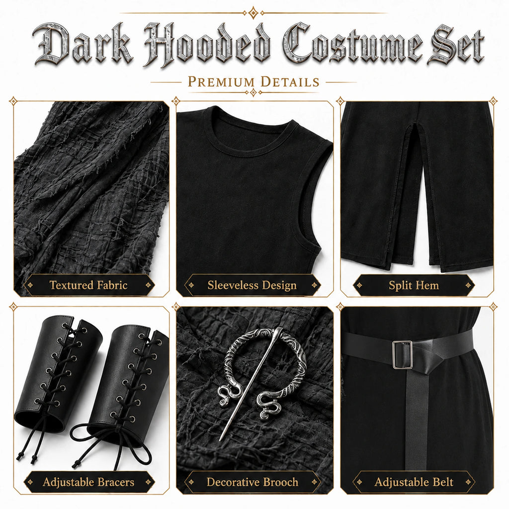 Black Viking costume details show the textured shawl, sleeveless tunic, split hem, lace-up bracers, brooch and buckle belt.