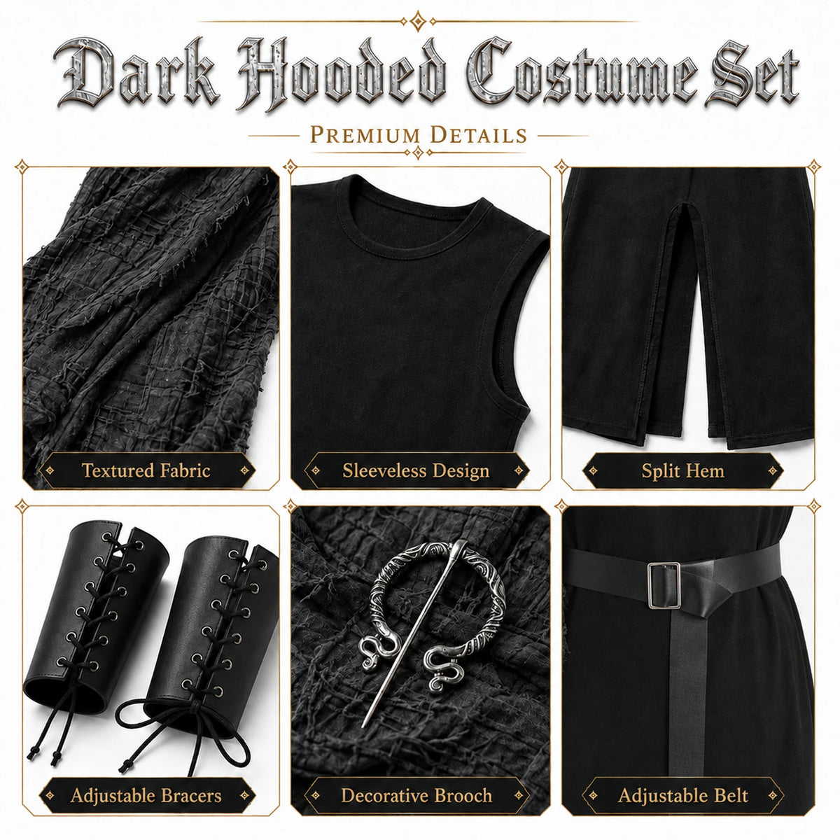 Black Viking costume details show the textured shawl, sleeveless tunic, split hem, lace-up bracers, brooch and buckle belt.