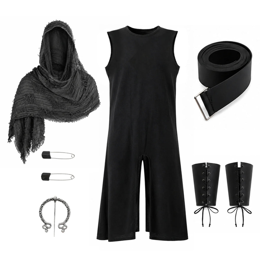 Flat lay of the gray hooded shawl, black sleeveless tunic, belt, wrist bracers, brooch and two safety pins.