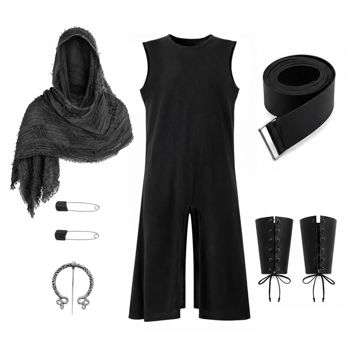 Flat lay of the gray hooded shawl, black sleeveless tunic, belt, wrist bracers, brooch and two safety pins.