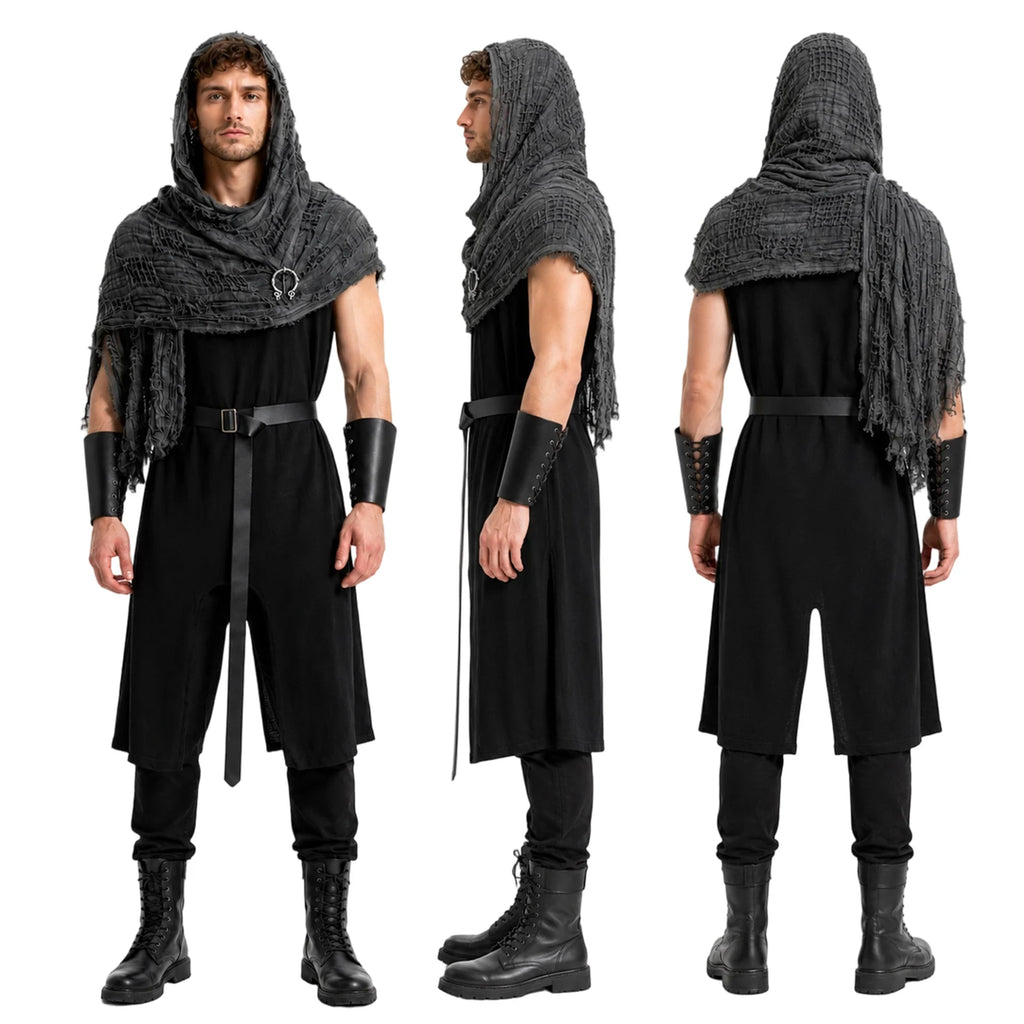 Front, side and back views of the black Viking costume with gray hooded shawl, styled with pants and boots.