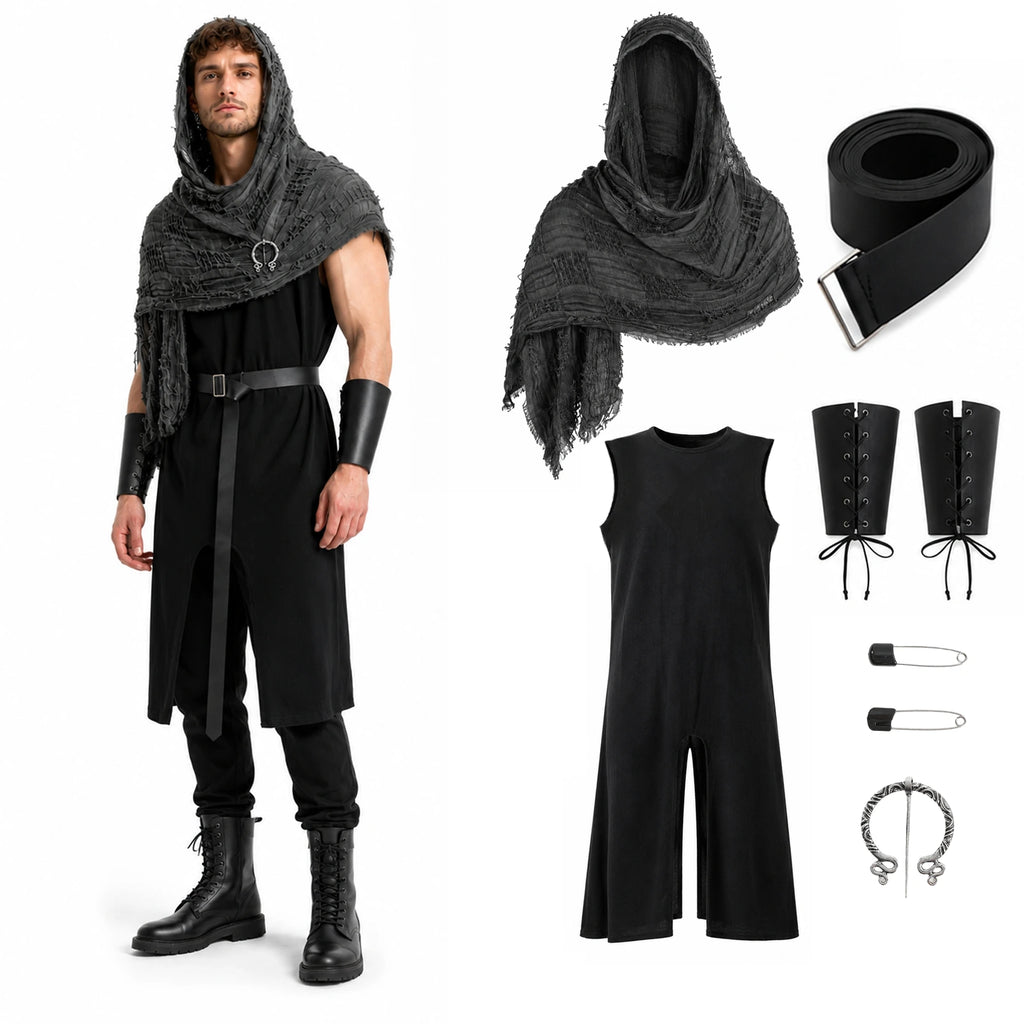 Men wearing the black Viking costume with gray hooded shawl, sleeveless tunic, belt and wrist bracers.