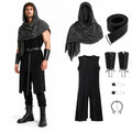 Men wearing the black Viking costume with gray hooded shawl, sleeveless tunic, belt and wrist bracers.
