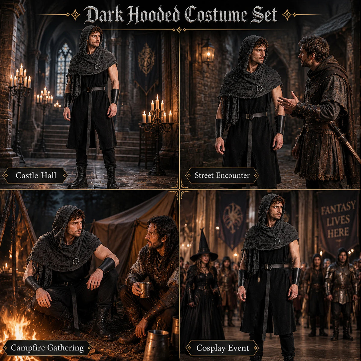 Black Viking costume styled in castle hall, street encounter, campfire gathering and cosplay event scenes.