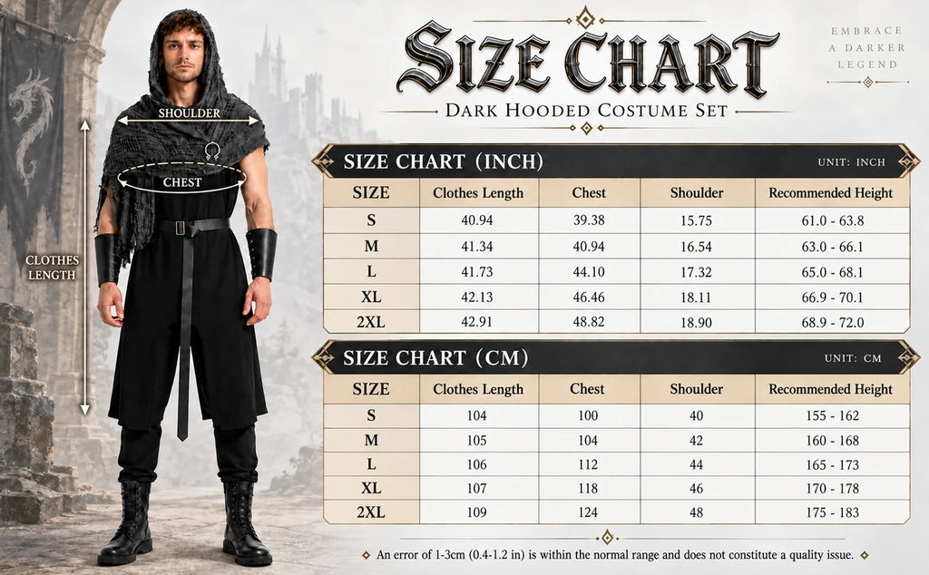 The black Viking costume size chart shows tunic measurements and suggested height for sizes S through 2XL.