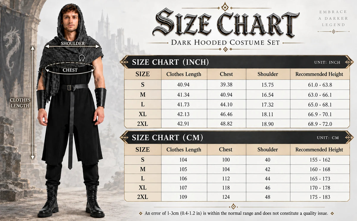 The black Viking costume size chart shows tunic measurements and suggested height for sizes S through 2XL.
