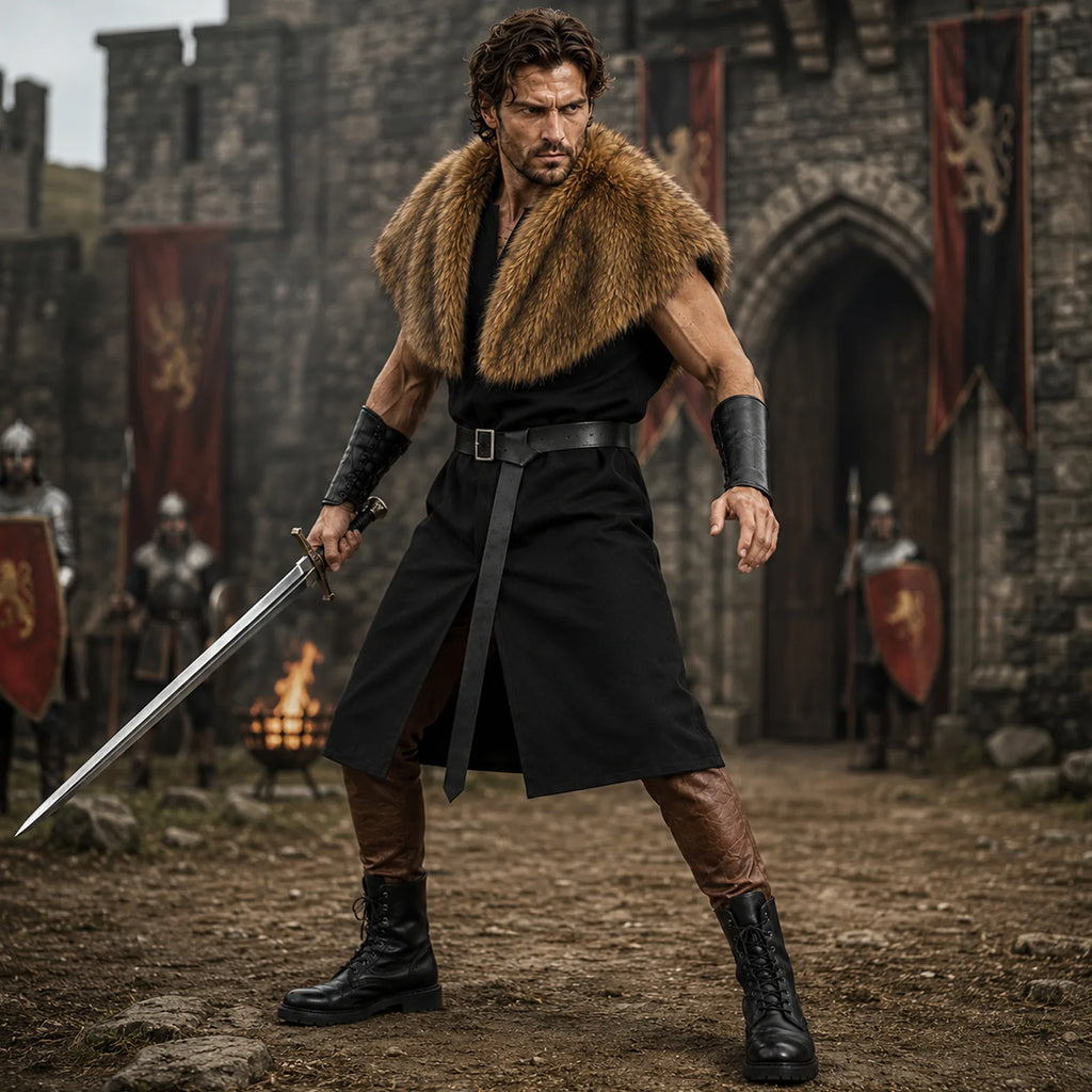 Man in black Viking tunic and faux fur mantle holding a sword in a medieval castle courtyard during battle reenactment