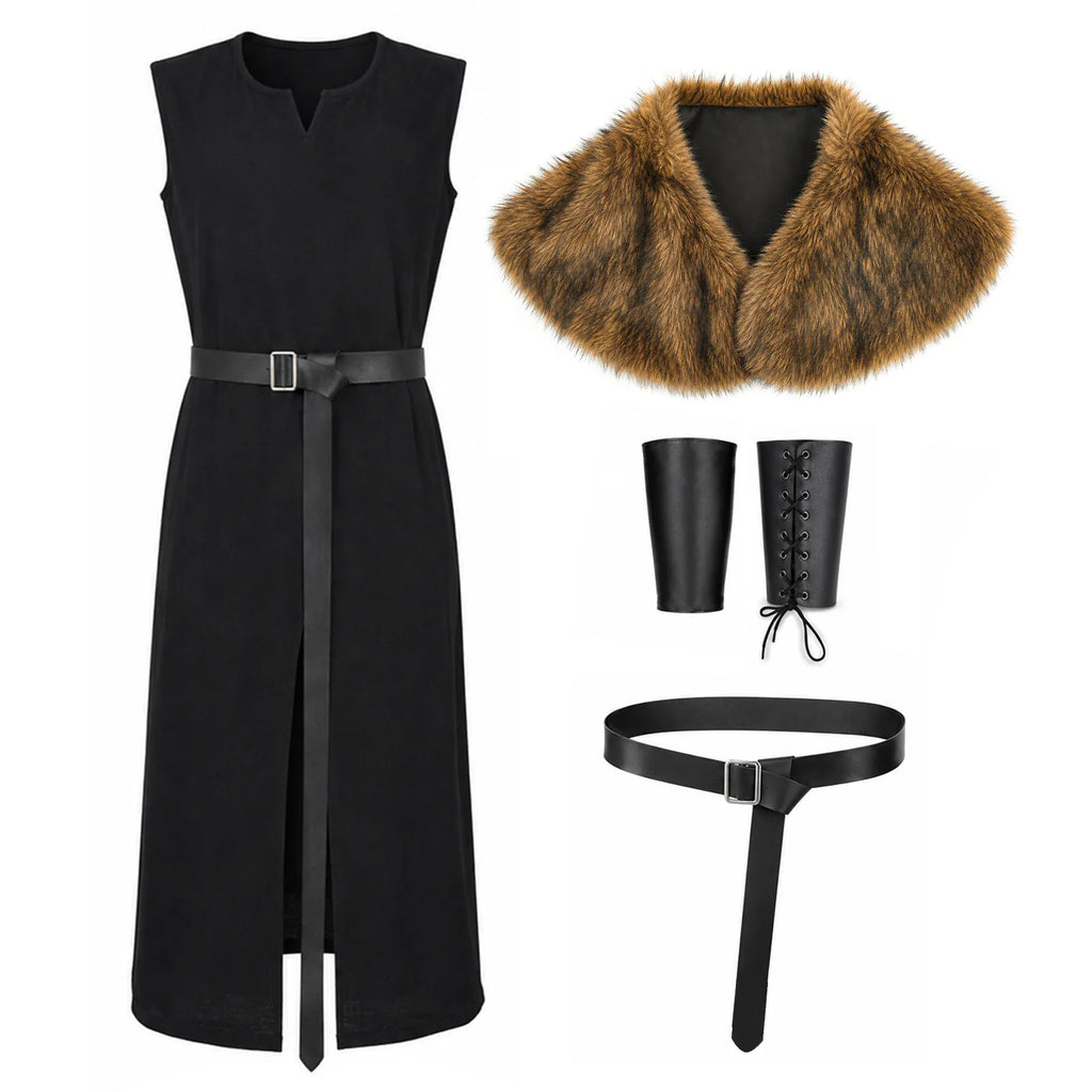 Black sleeveless split tunic laid out beside brown faux fur collar shawl, black buckle belt and lace-up arm bracers