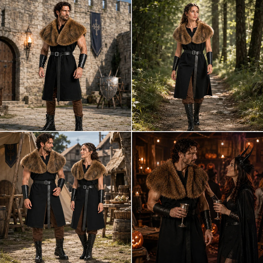 Four scenes of black medieval fur shawl costume worn at forest trail, village street, tavern and Renaissance fair