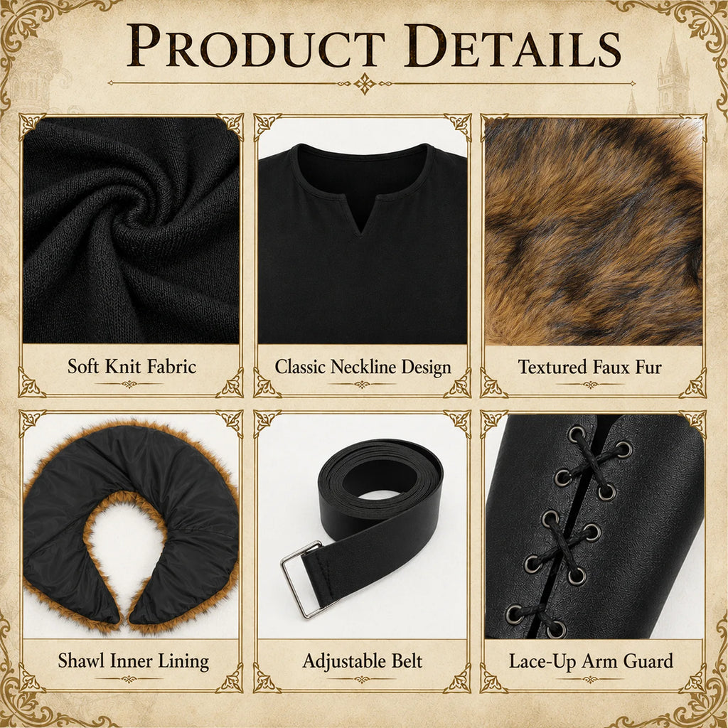 Close-up details of black costume: soft knit fabric, classic neckline, textured faux fur, shawl lining, belt and laced guard