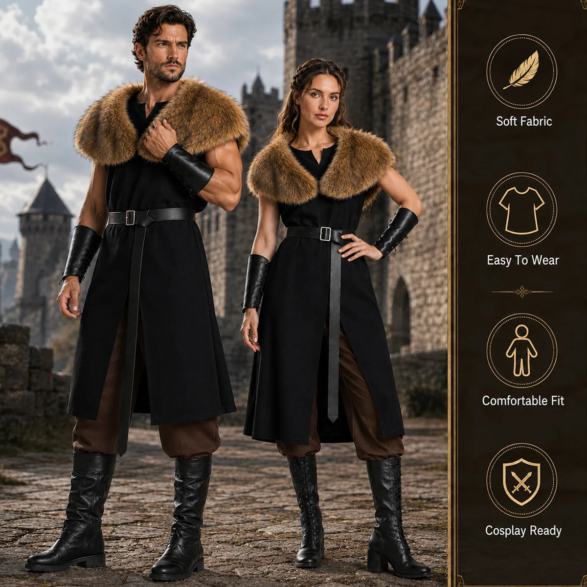 Couple in black medieval warrior costumes with fur shawls at castle gate, icons noting soft fabric and easy wear