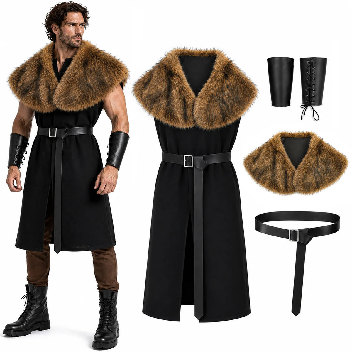 Black Viking costume set pieces shown together: split tunic, textured faux fur shawl, adjustable belt and two arm guards
