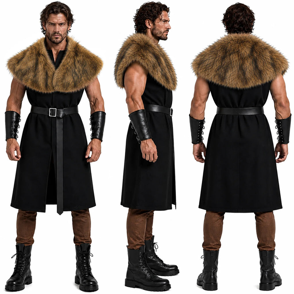 Front, side and back views of black Viking tunic costume with fur shoulder shawl, waist belt and arm guards