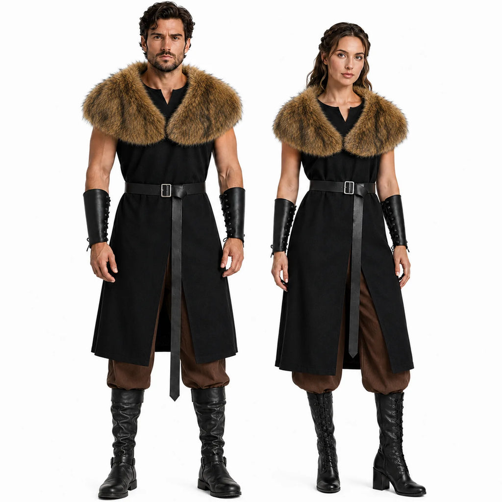 Man and woman wearing black sleeveless Viking tunic with brown faux fur shawl, leather belt and lace-up arm guards