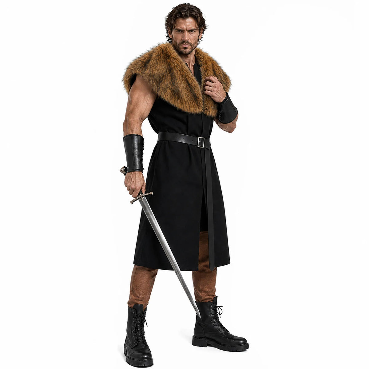 Male model in black medieval tunic and fur shawl holding a sword, side pose showing belt and arm guards