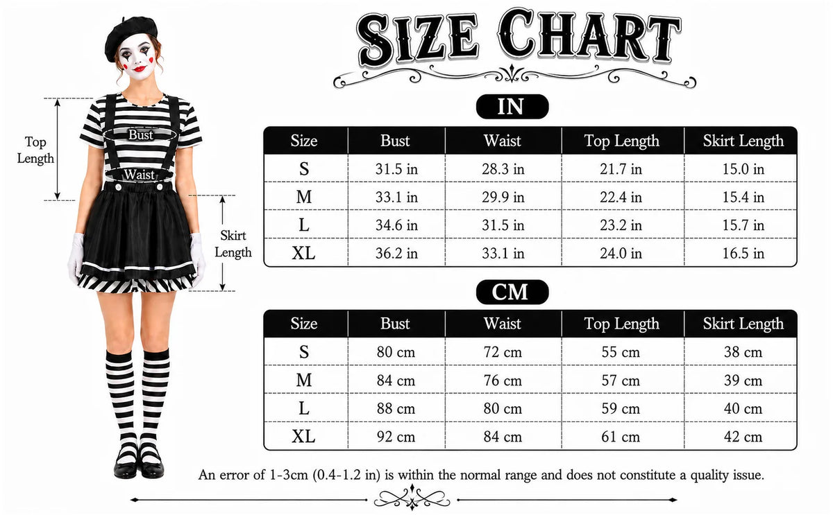 Black and white clown costume size chart for women in sizes S through XL