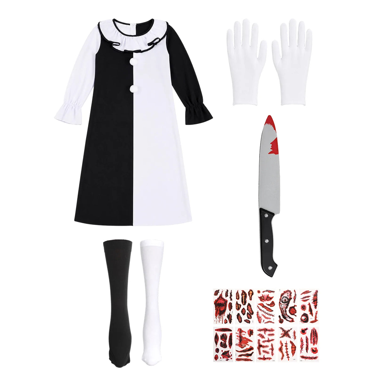 The Art the Clown-inspired dress, white gloves, mismatched socks, prop knife and scar tattoo sheets are arranged on a white background.