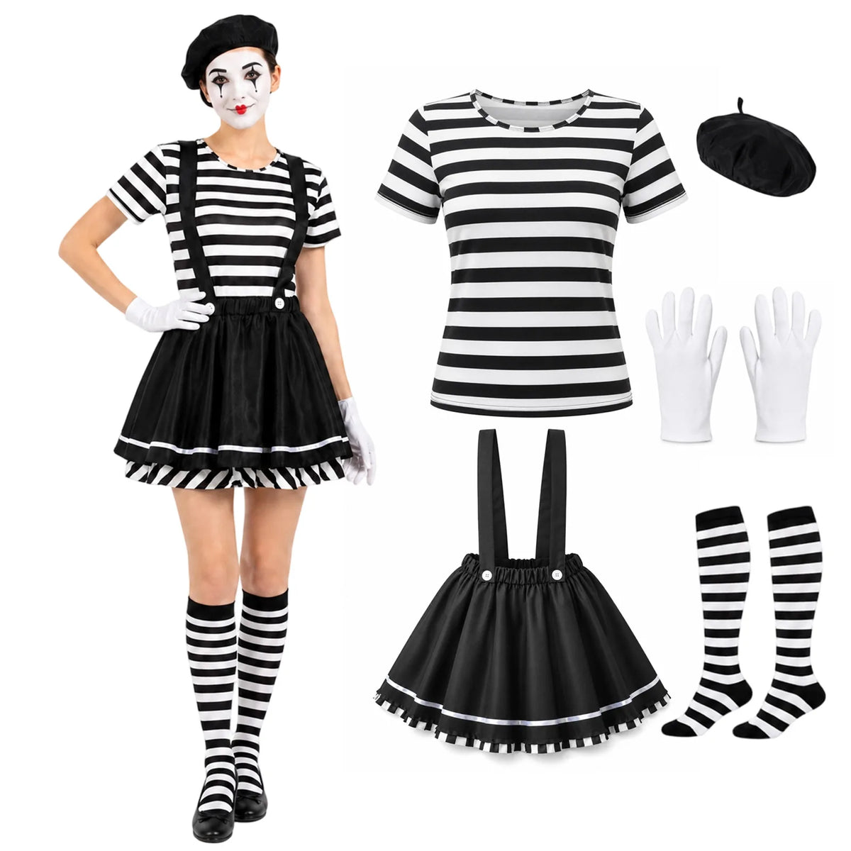 Black and white clown costume for women with coordinated top and skirt