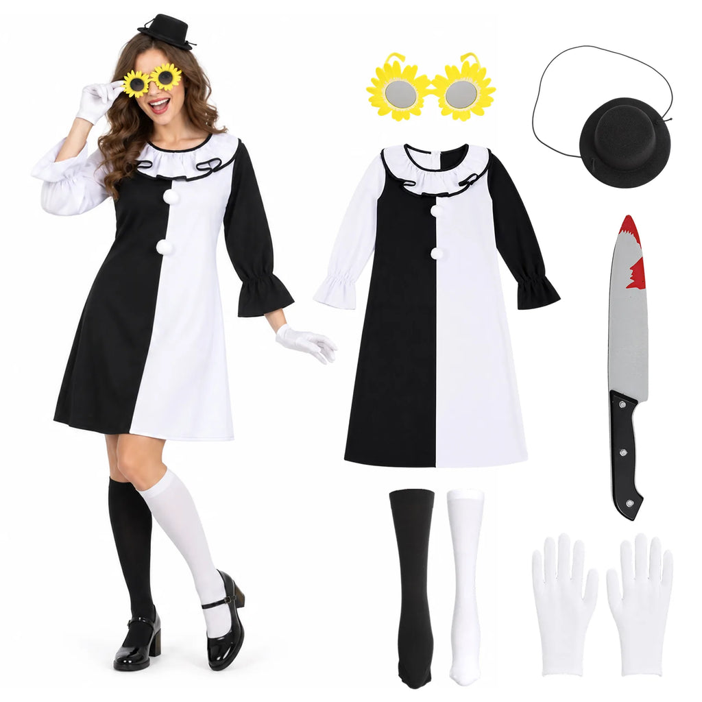 Black-and-white clown dress displayed with mismatched socks, sunflower glasses, mini hat, white gloves and prop knife.