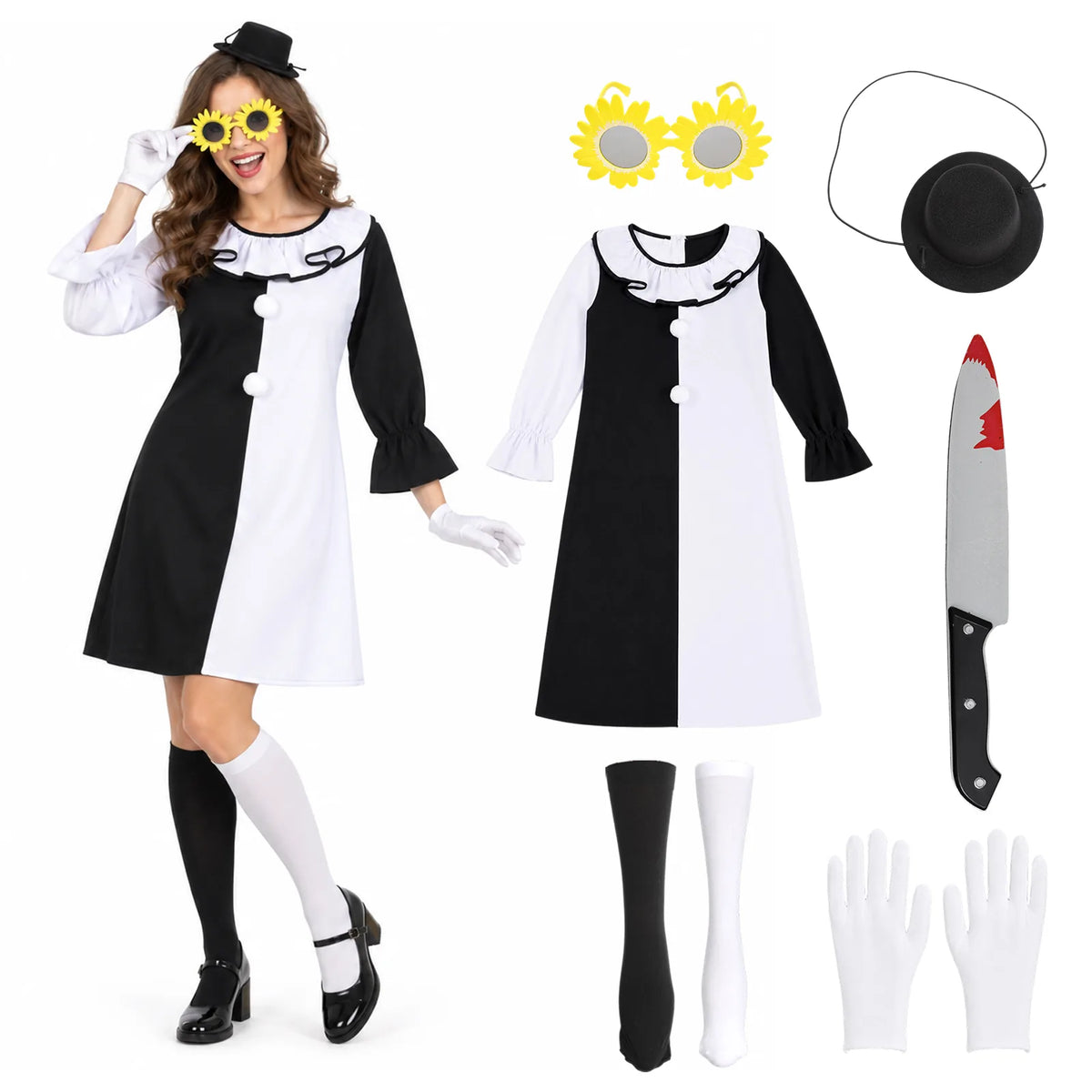 Black-and-white clown dress displayed with mismatched socks, sunflower glasses, mini hat, white gloves and prop knife.