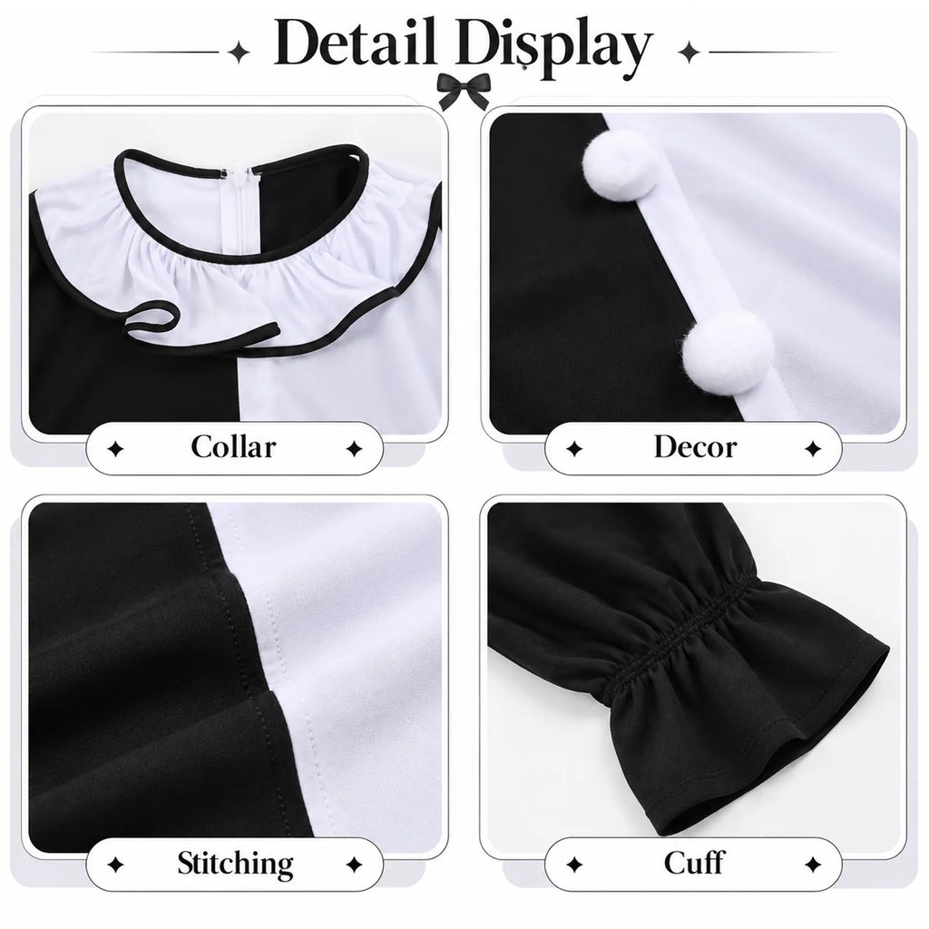 Close-up panels show Art the Clown-inspired dress details, including the ruffled collar, white pom-poms, black-and-white stitching and gathered cuff.