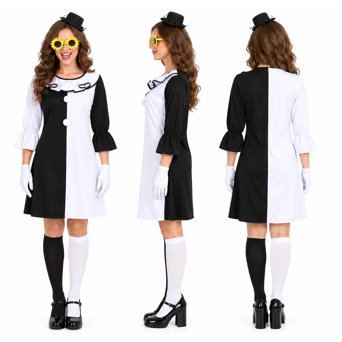 Front, side and back views show the split black-and-white clown dress and gathered bell cuffs.