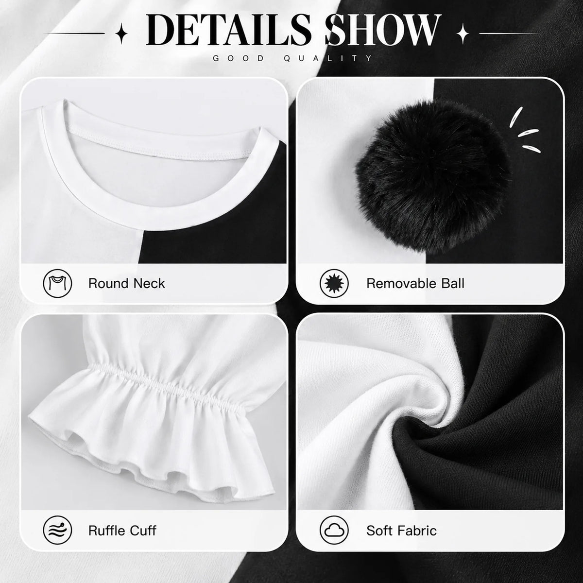 Close-up panels show Art the Clown-inspired costume details, including the round neckline, removable pom-pom, ruffled cuff and black-and-white fabric.