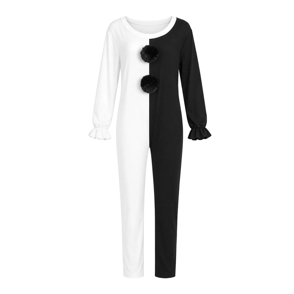 The Art the Clown-inspired black-and-white jumpsuit is shown flat with long sleeves, ruffled cuffs and three black pom-poms.