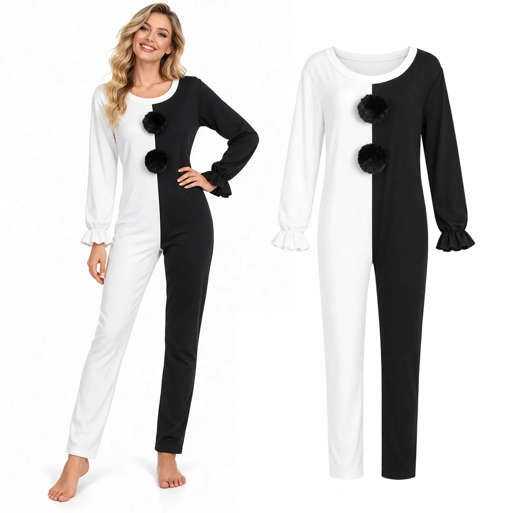 A full-length model view appears beside the one-piece Art the Clown-inspired black-and-white jumpsuit.
