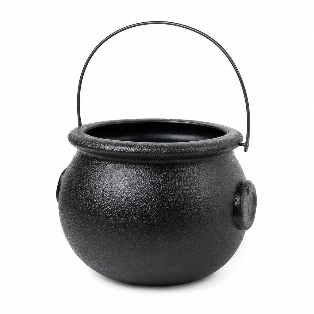 Black plastic witch cauldron bucket with textured finish and handle for Halloween party decorations and candy display.