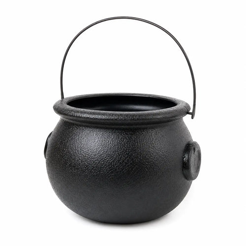 Black plastic witch cauldron bucket with textured finish and handle for Halloween party decorations and candy display.